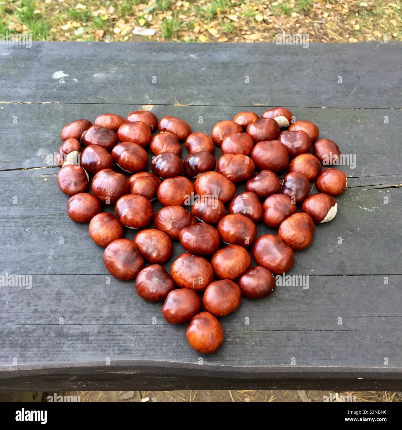 Coeur créé à partir de châtaignes sur une table en bois sombre. - Image de stock capturée avec un smartphone