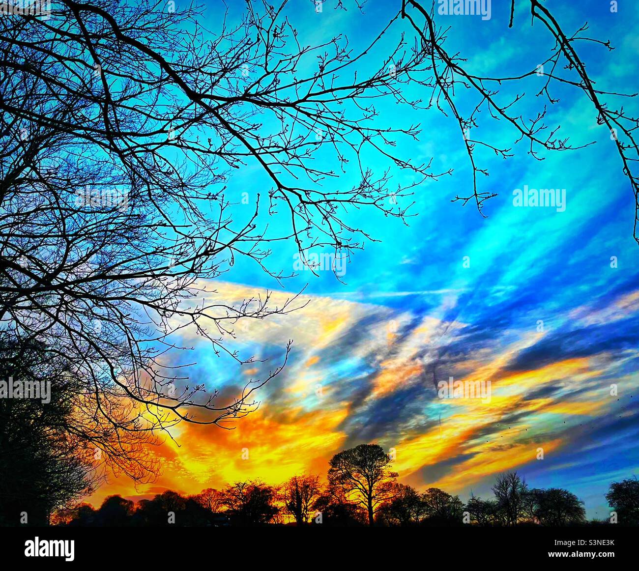 « Golden Winter Sky » un coucher de soleil abstrait sur le paysage de la campagne du Yorkshire Banque D'Images