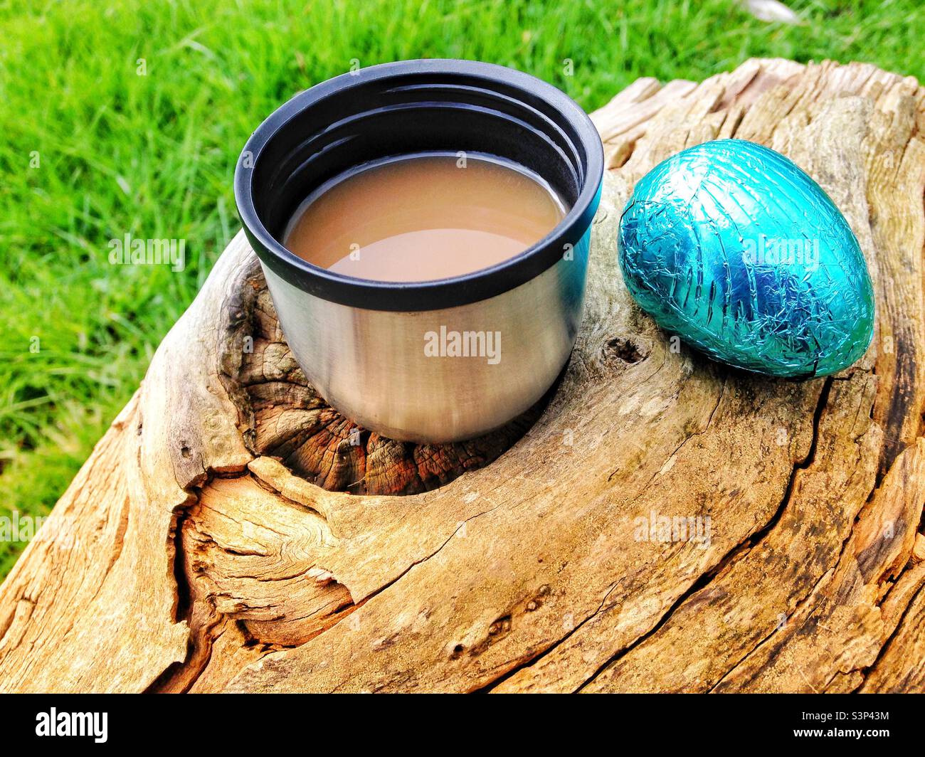 Oeuf de Pâques et tasse de randonneurs thé sur une bûche. Banque D'Images