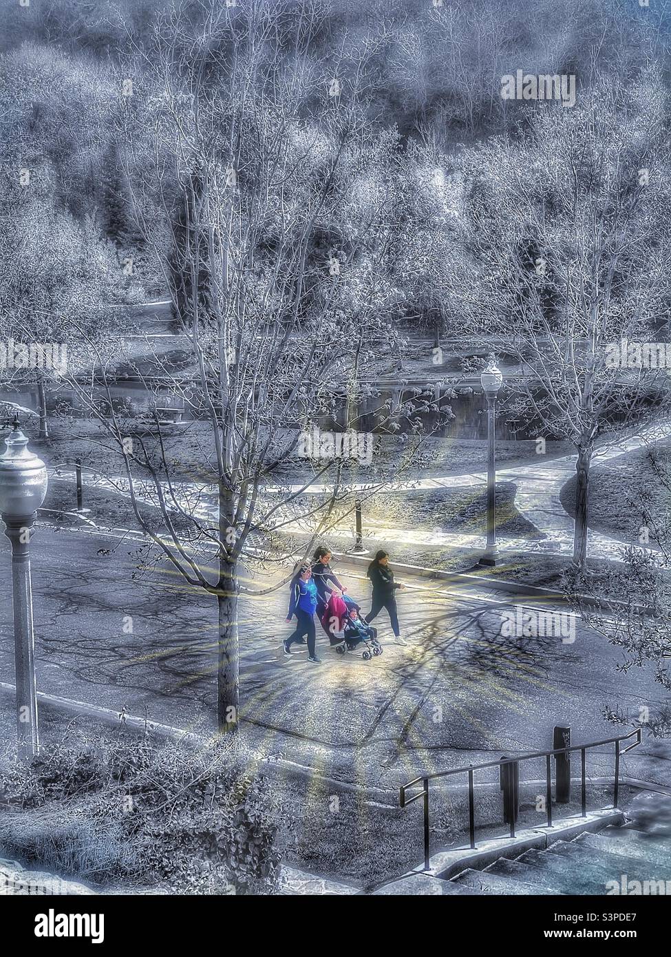 Une promenade dans le parc - Memory Grove Memorial Park à Salt Lake City, Utah, États-Unis au début du printemps. Une « lueur chaude » appliquée numériquement entoure ces randonneurs tandis que le reste du parc est un ton cyan frais. Banque D'Images