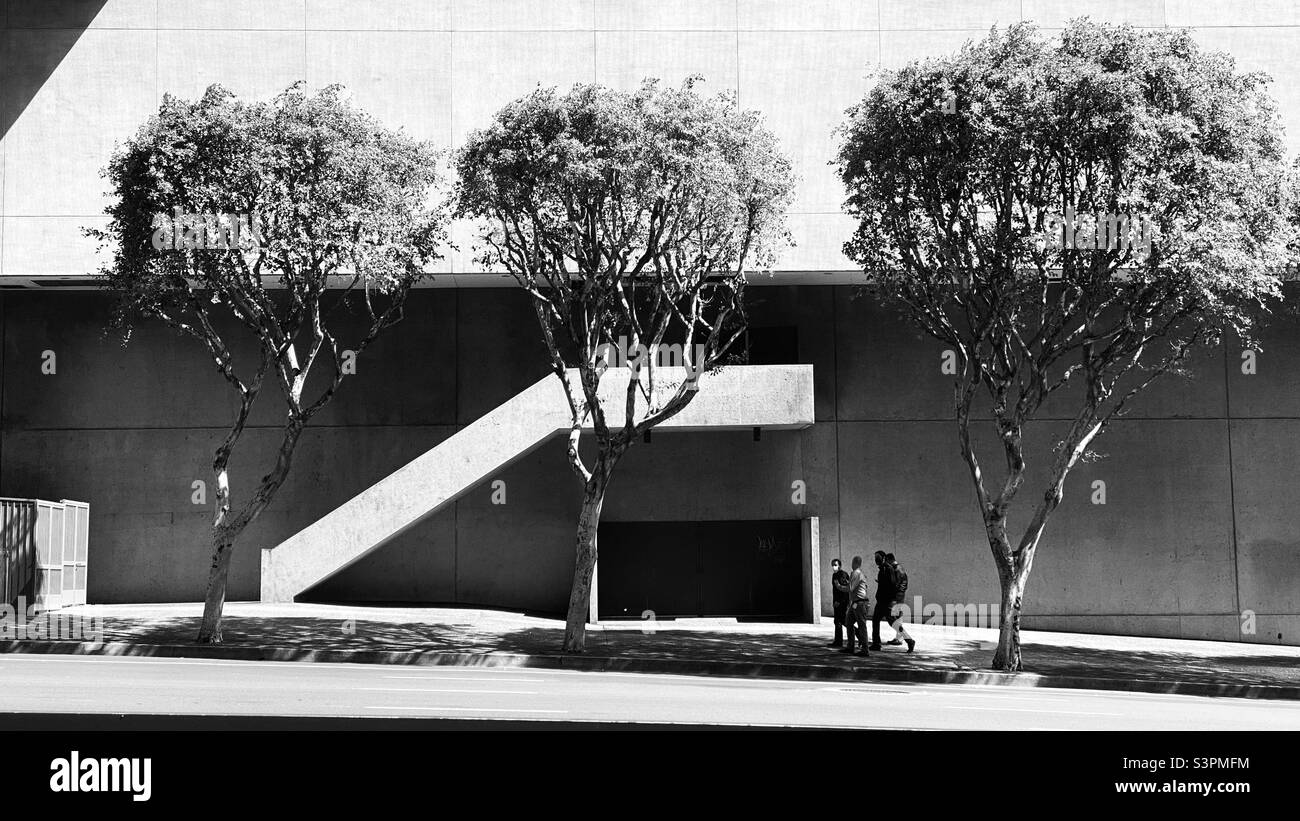 LOS ANGELES, CA, MAR 2021: Groupe de Mean portant des masques Covid marchant au-delà des arbres à côté de l'hôtel Westin Bonaventure dans le centre-ville. Noir et blanc - Image de stock capturée avec un smartphone