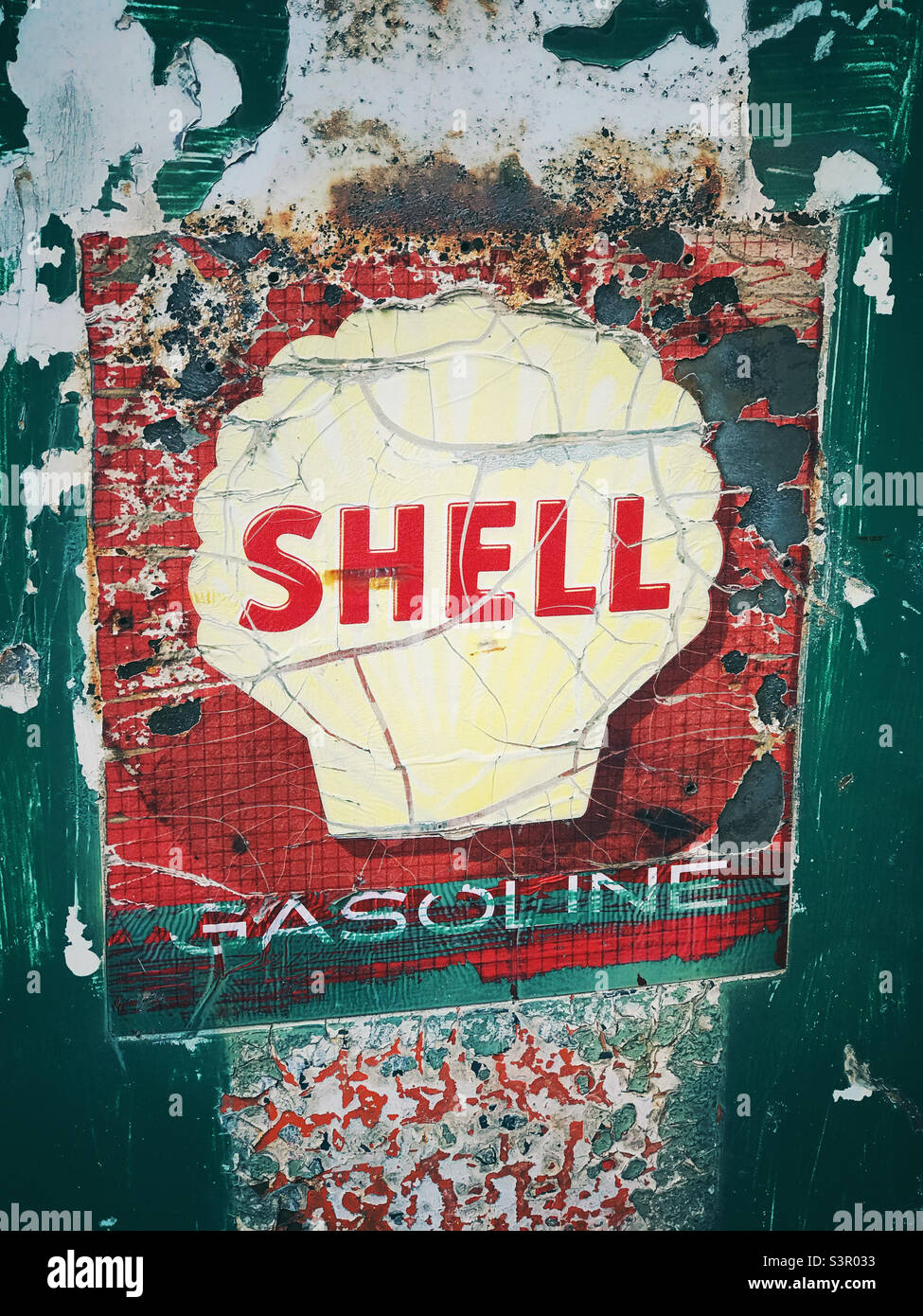 Un panneau antique Shell essence Banque D'Images