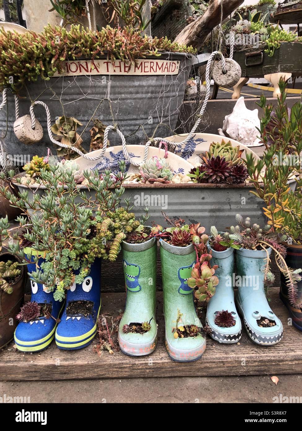 Les vieilles bottes ont été réutilisées comme jardin fleuri Minature Banque D'Images