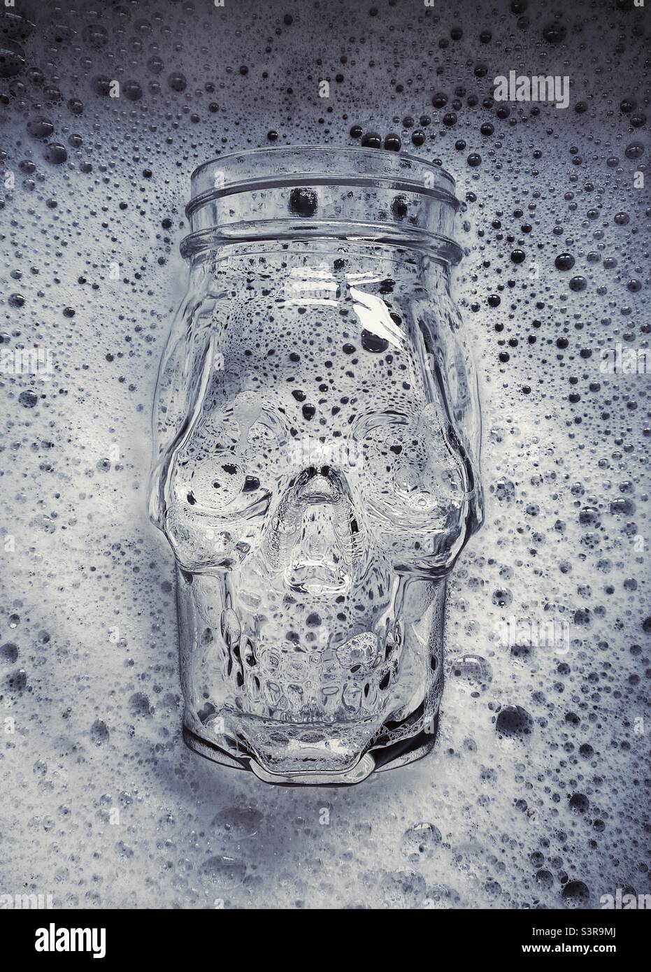 Une photo en gros plan d'un pot en verre en forme de crâne à moitié immergé dans un bol d'eau savonneuse. Noir et blanc Banque D'Images
