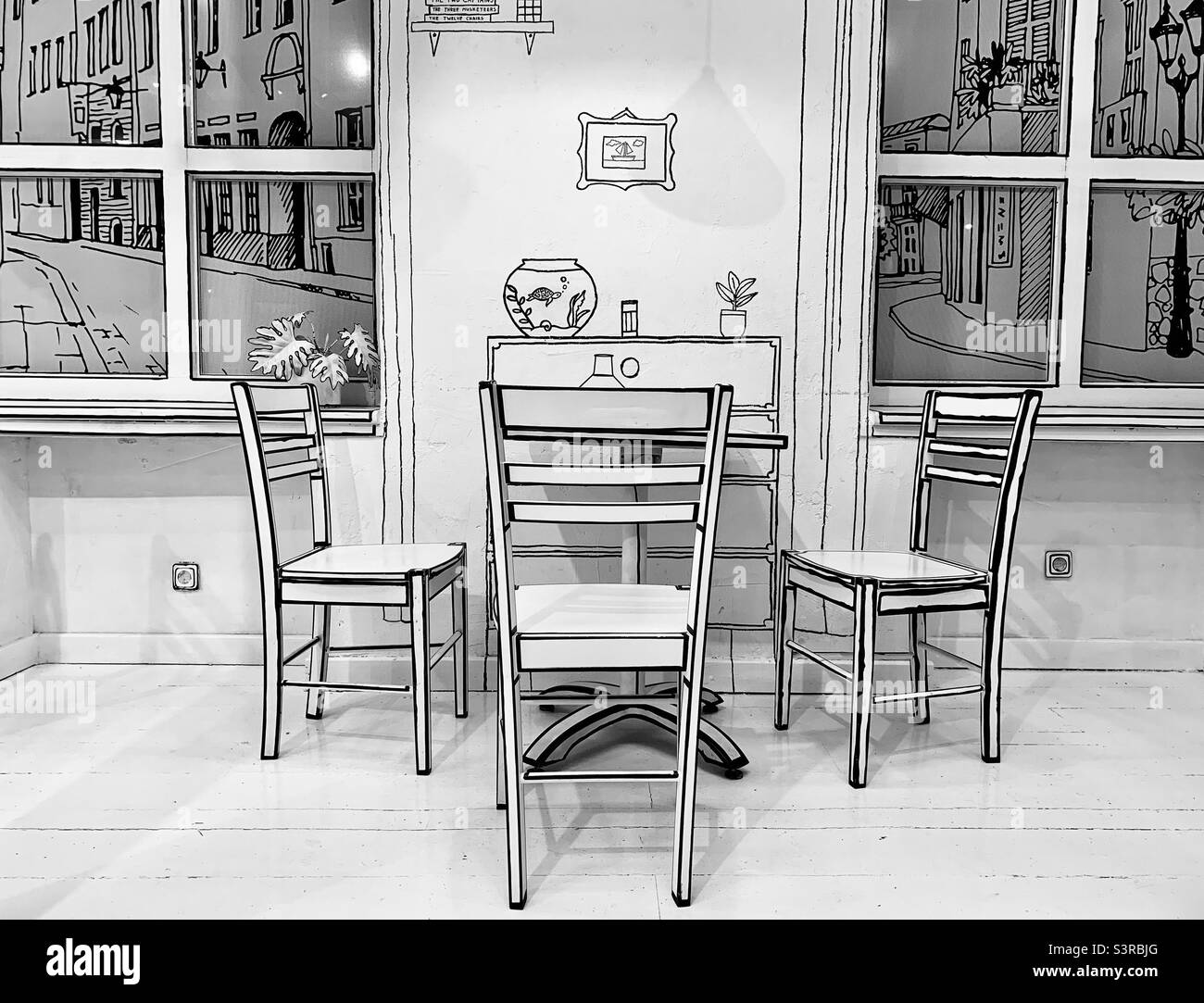 Intérieur de café peint en noir et blanc Banque D'Images