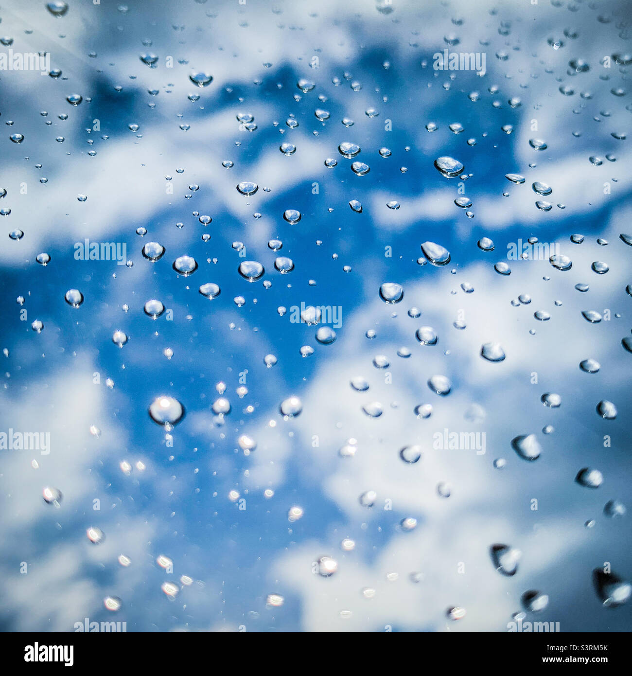 Gouttelettes d'eau sur une fenêtre avec des mottes et un fond bleu ciel - Image de stock capturée avec un smartphone
