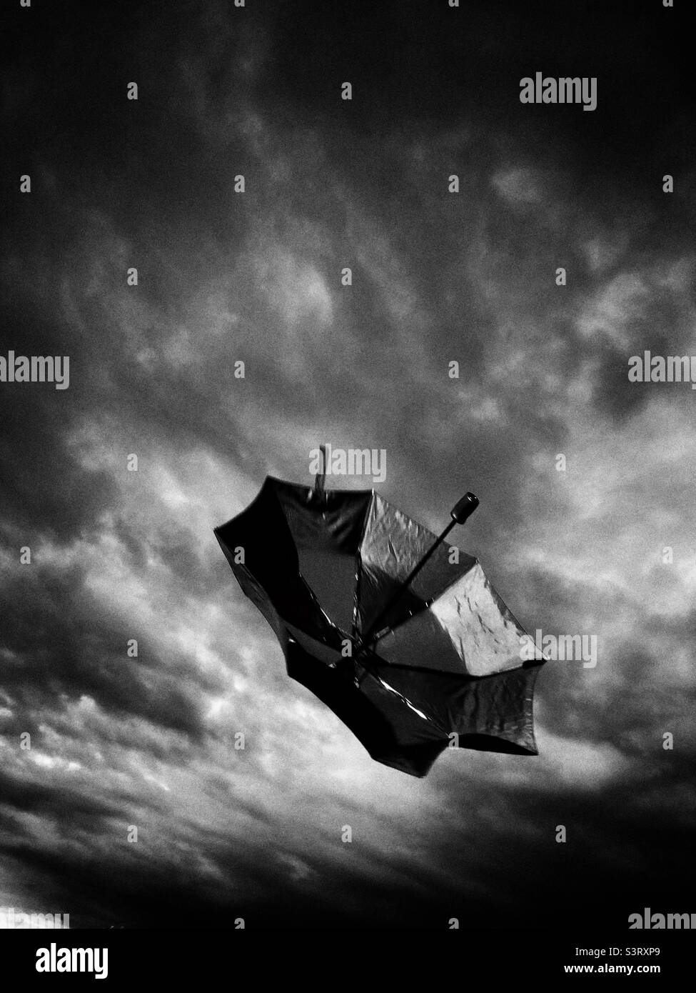 Parapluie noir soufflé par le vent Banque D'Images
