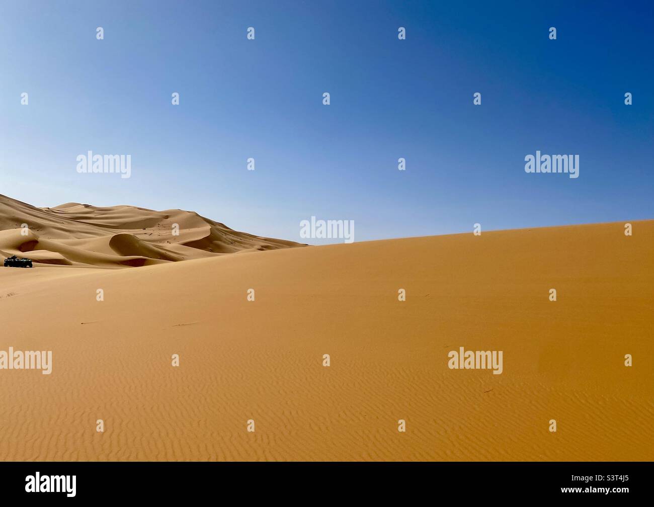 Vue sur le sable jaune et le ciel bleu dans le désert marocain à la lumière du coucher du soleil Banque D'Images