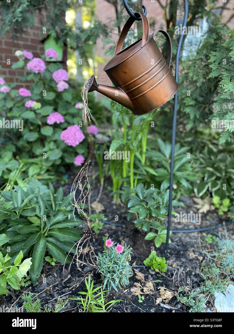 Un joli arrosoir en cuivre, avec fil de cuivre sculpté dans le flux d'eau, est suspendu dans un jardin de fleurs à Arlington, en Virginie. - Image de stock capturée avec un smartphone