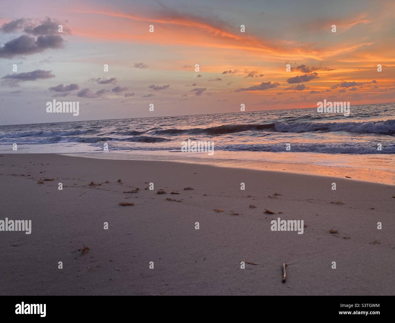 Lever de soleil sur une plage déserte aux couleurs phénoménales - Image de stock capturée avec un smartphone