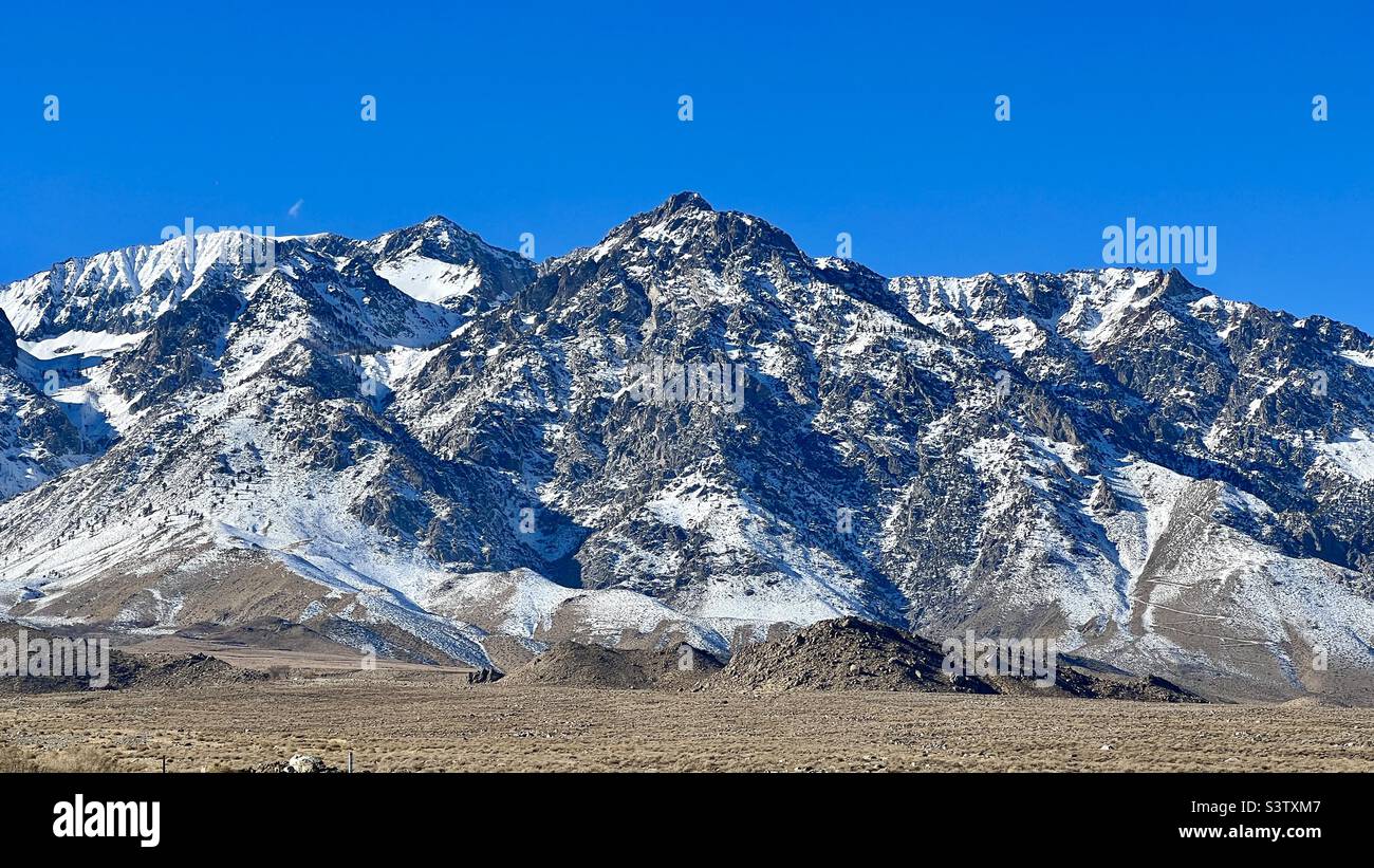 Montagnes enneigées et brouet en premier plan, près de fort Independence, dans le sud de la Californie Banque D'Images Montagnes enneigées et brouet en premier plan, près de fort Independence, dans le sud de la Californie Banque D'Images