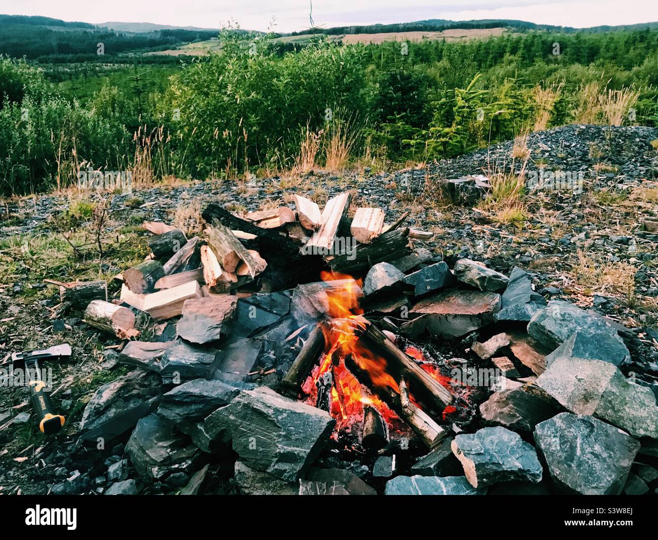 Feu de camp dans le parc forestier de Galloway, en Écosse Banque D'Images