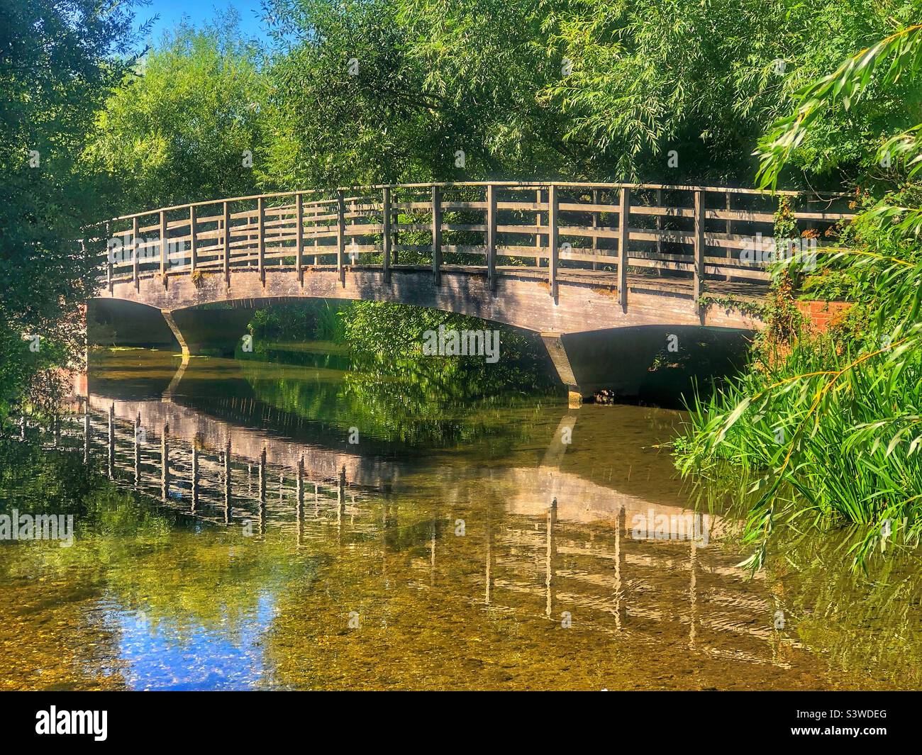 Pont au-dessus de la rivière Avon dans les jardins Queen Elizabeth, Wiltshire, été 2022 - Image de stock capturée avec un smartphone