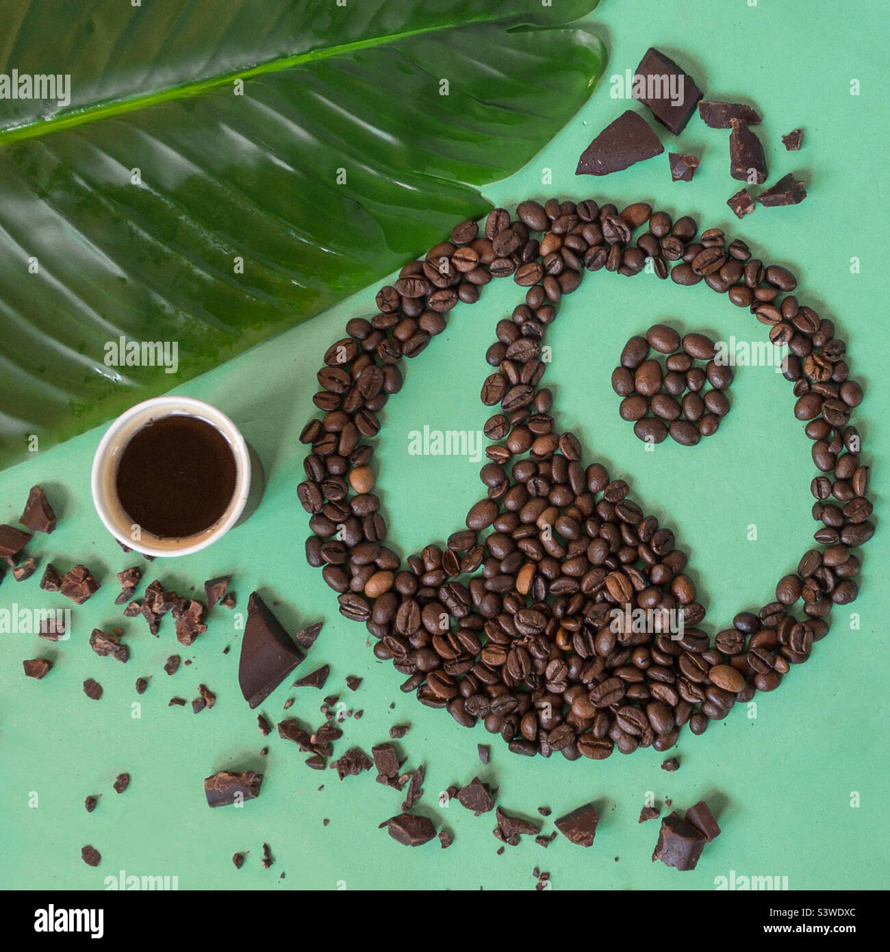 Logo Fairtrade en grains de café entouré de chocolat noir cassé et d'une feuille de banane sur fond vert menthe - Image de stock capturée avec un smartphone