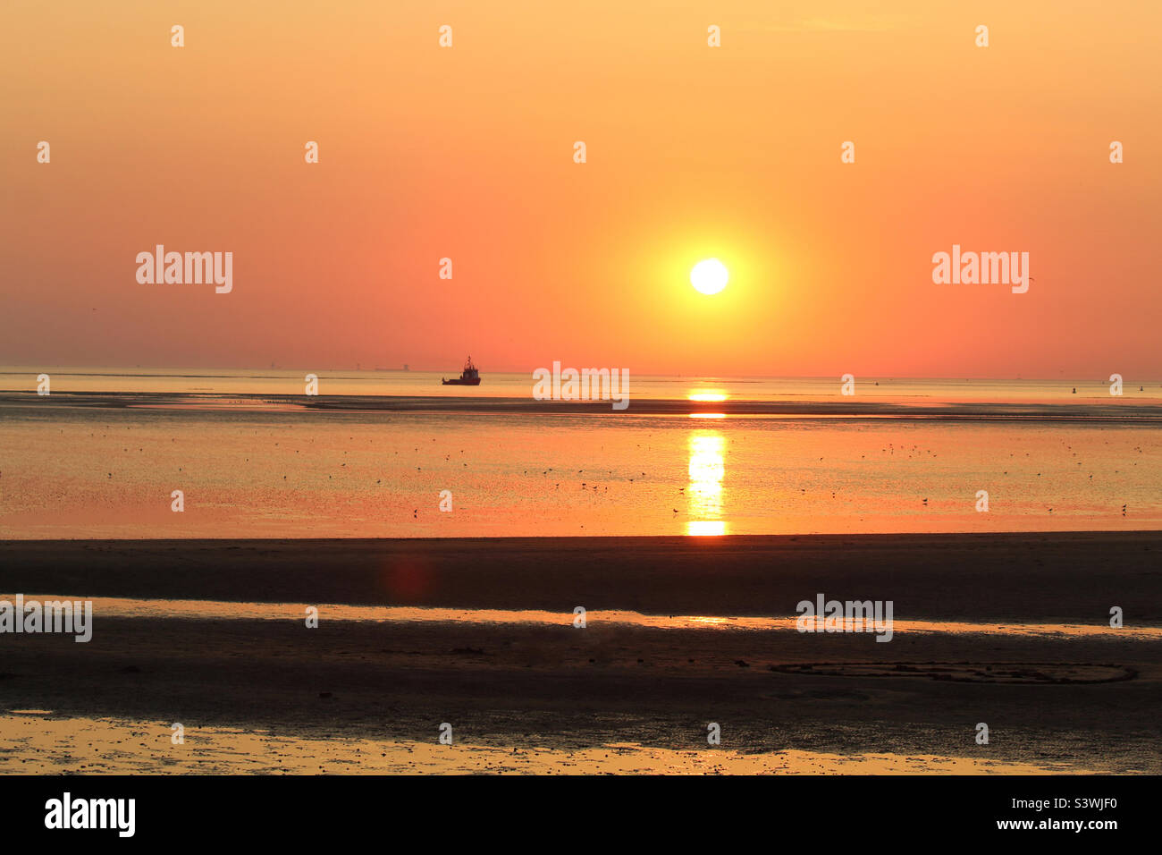 Un beau coucher de soleil sur la plage. Un bateau peut être vu directement sous le soleil rouge tombant. Cette photo a été prise pendant un temps exceptionnellement chaud et une vague de chaleur. - Image de stock capturée avec un smartphone