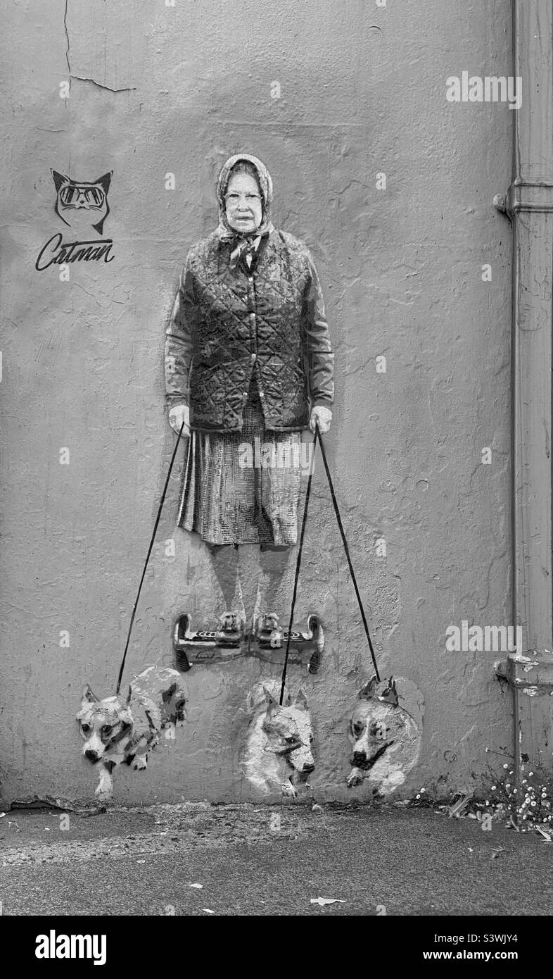 La reine Elizabeth II sur un planque dehors marchant avec ses chiens Corgi. Les graffitis des beaux-arts par le « Catman » The Banksy of Kent. Cette œuvre apparaît dans Whitstable, Kent, Angleterre. Photo ©️ COLIN HOSKINS. - Image de stock capturée avec un smartphone
