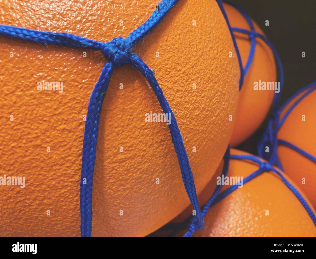 Boules douces orange dans un filet bleu Banque D'Images