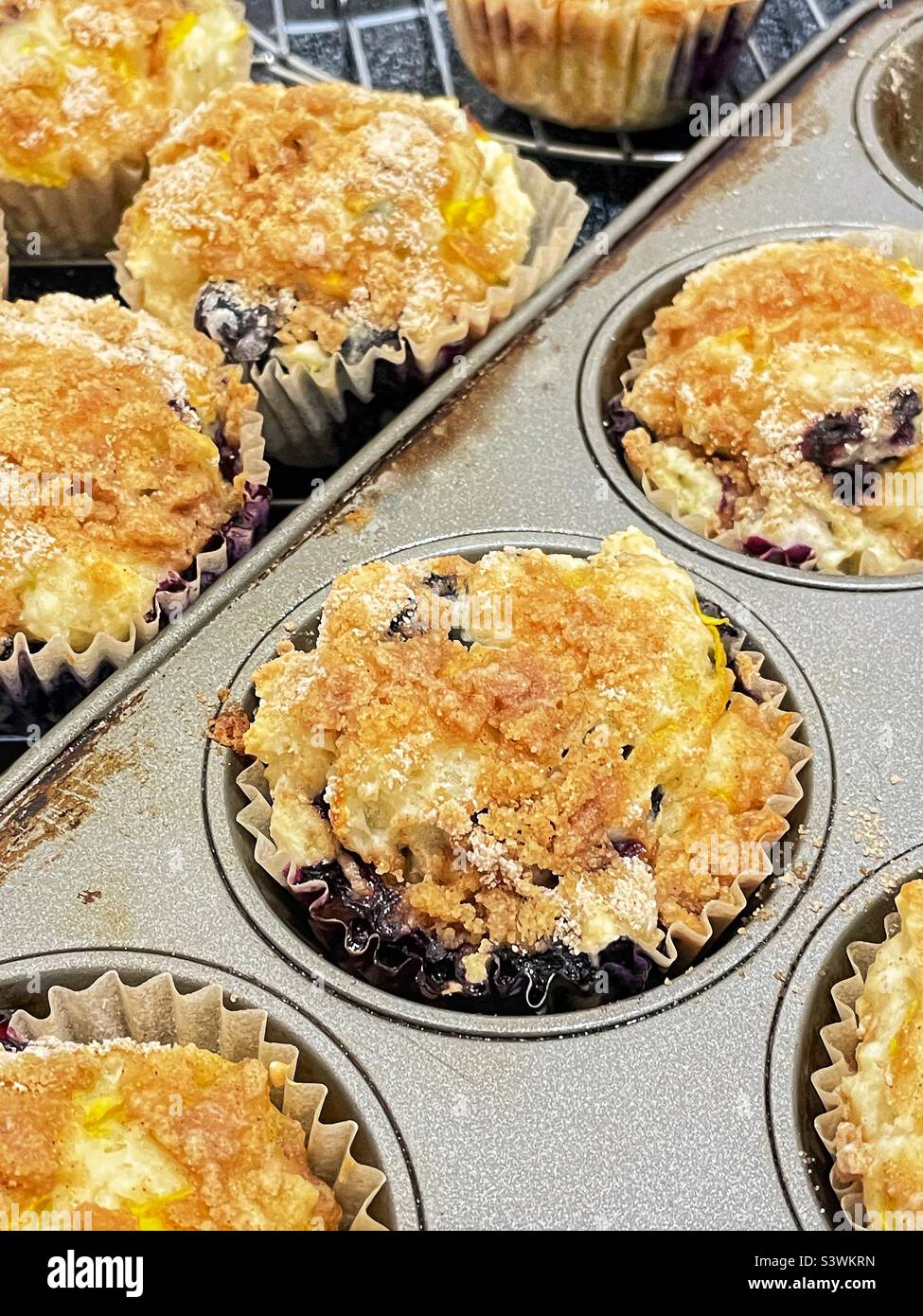 Muffins aux myrtilles fraîchement cuits dans le moule à muffins et sur une grille de refroidissement. Banque D'Images