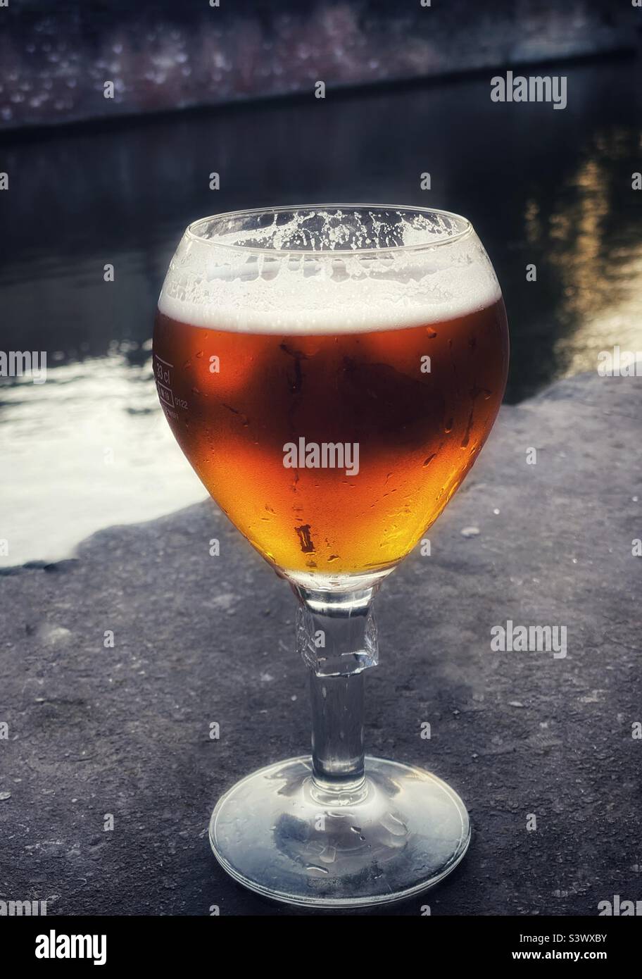 Un verre de bière belge sur le front de mer de Bruges, Belgique. Banque D'Images