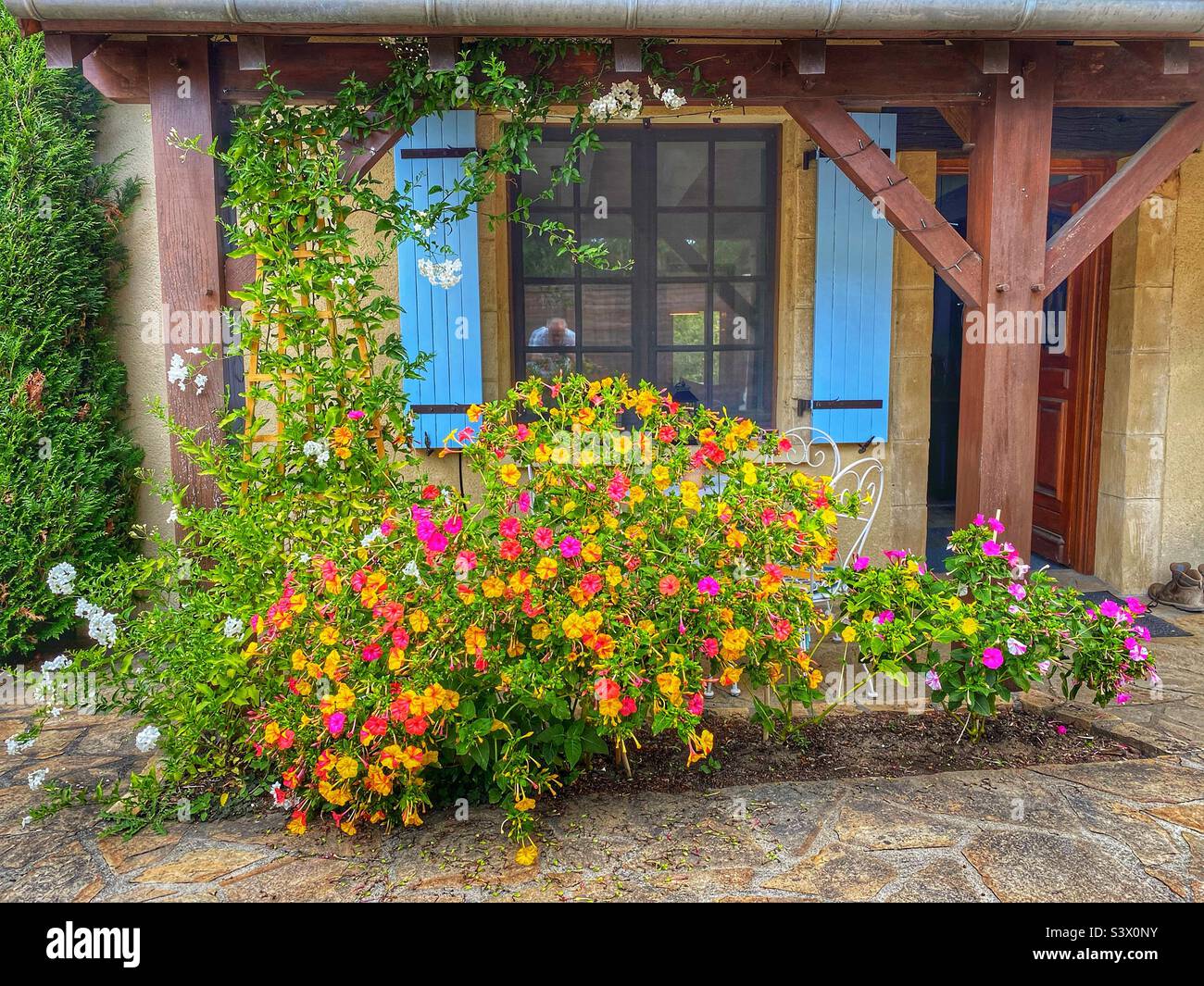 Maison française avec fleurs Banque D'Images