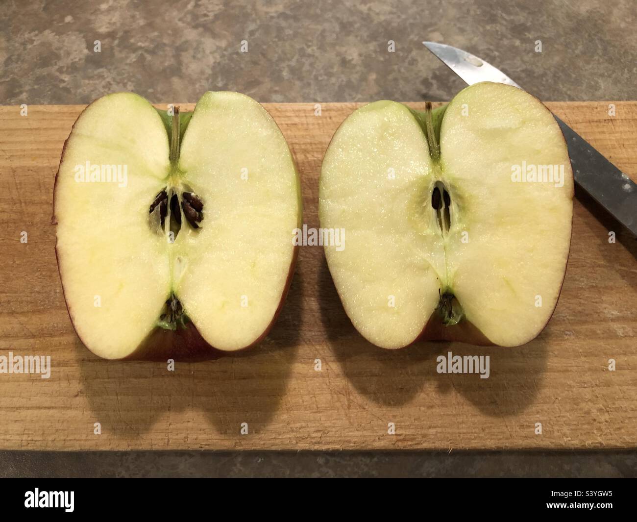 La tige de la pomme est coupée uniformément en deux lorsque la pomme est coupée en deux. - Image de stock capturée avec un smartphone