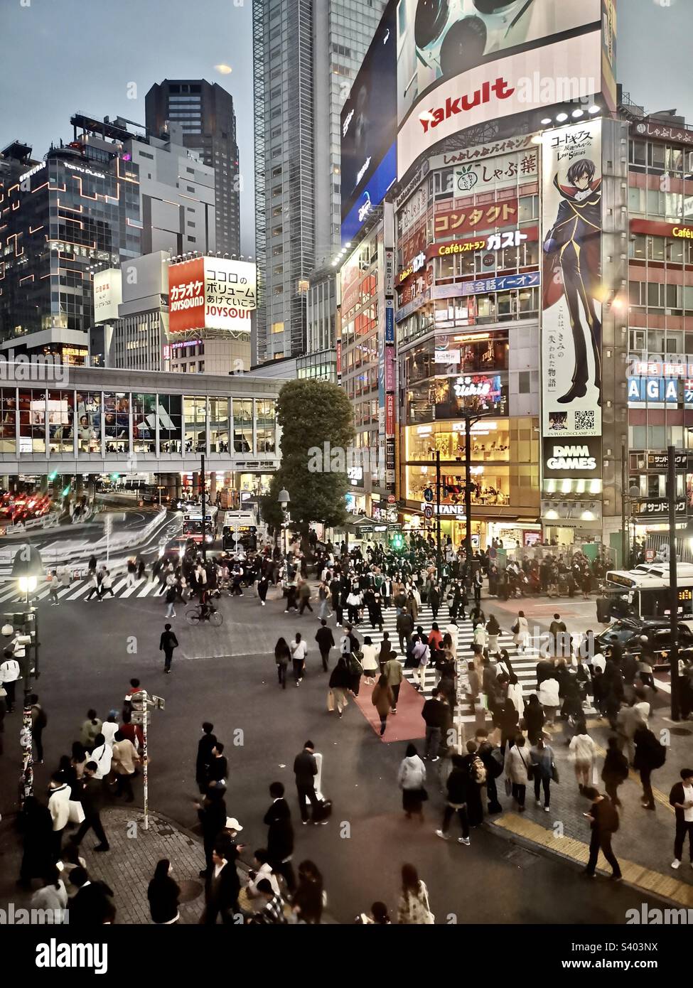 L'emblématique Shibuya qui traverse la ville depuis le nord du café Starbucks à Shibuya, Tokyo, Japon. - Image de stock capturée avec un smartphone