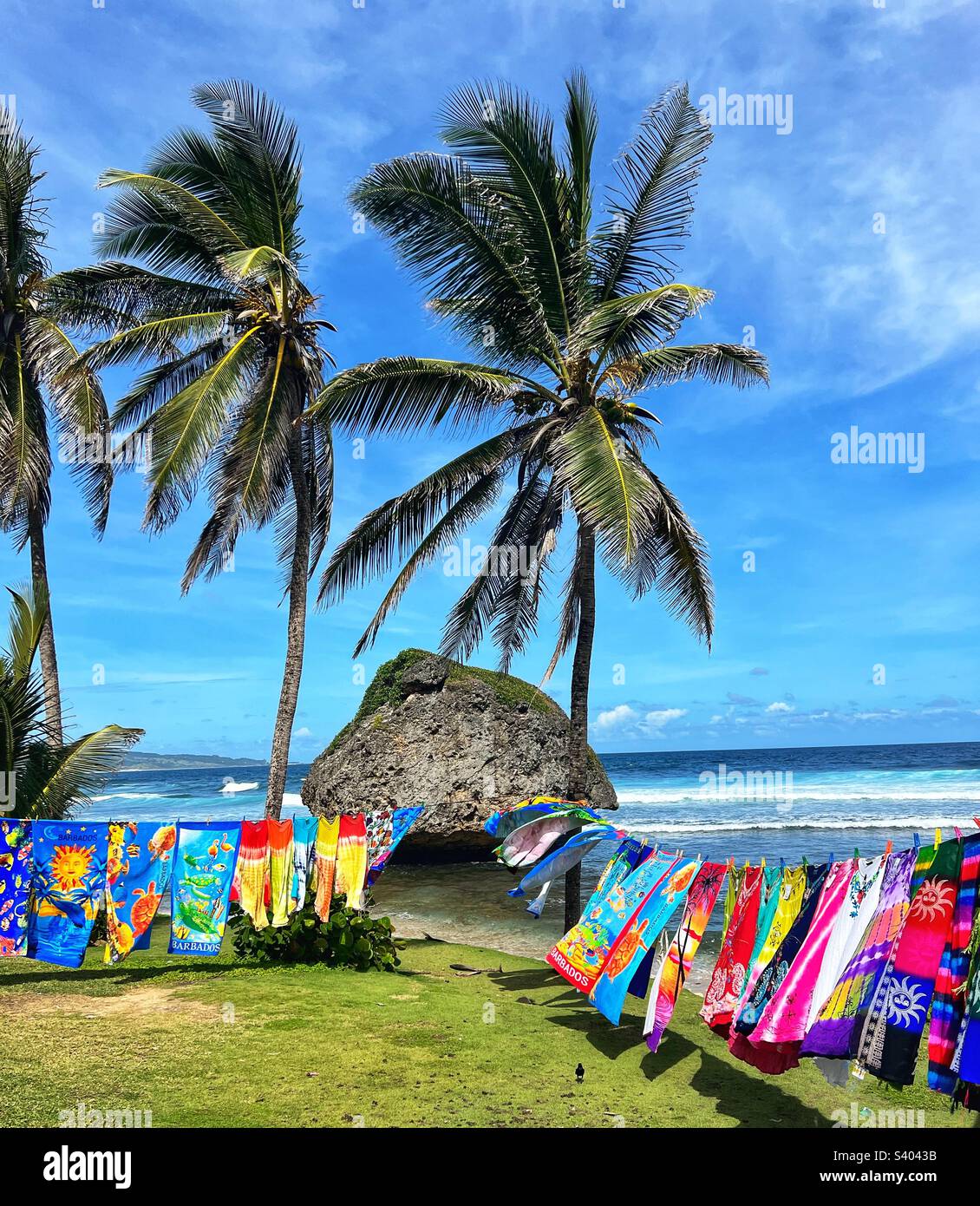 Bathsheba Beach à la Barbade montrant des enveloppements de plage en vente des vendeurs de plage, des palmiers et un grand rocher Banque D'Images