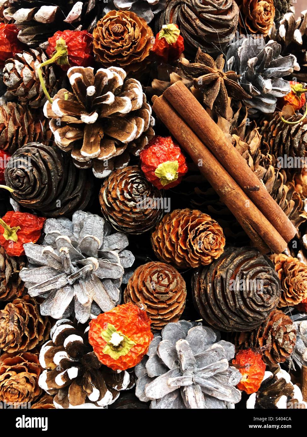 Fond plein cadre de Noël festif de pommes de pin séchées et de bâtons de cannelle avec espace de copie Banque D'Images