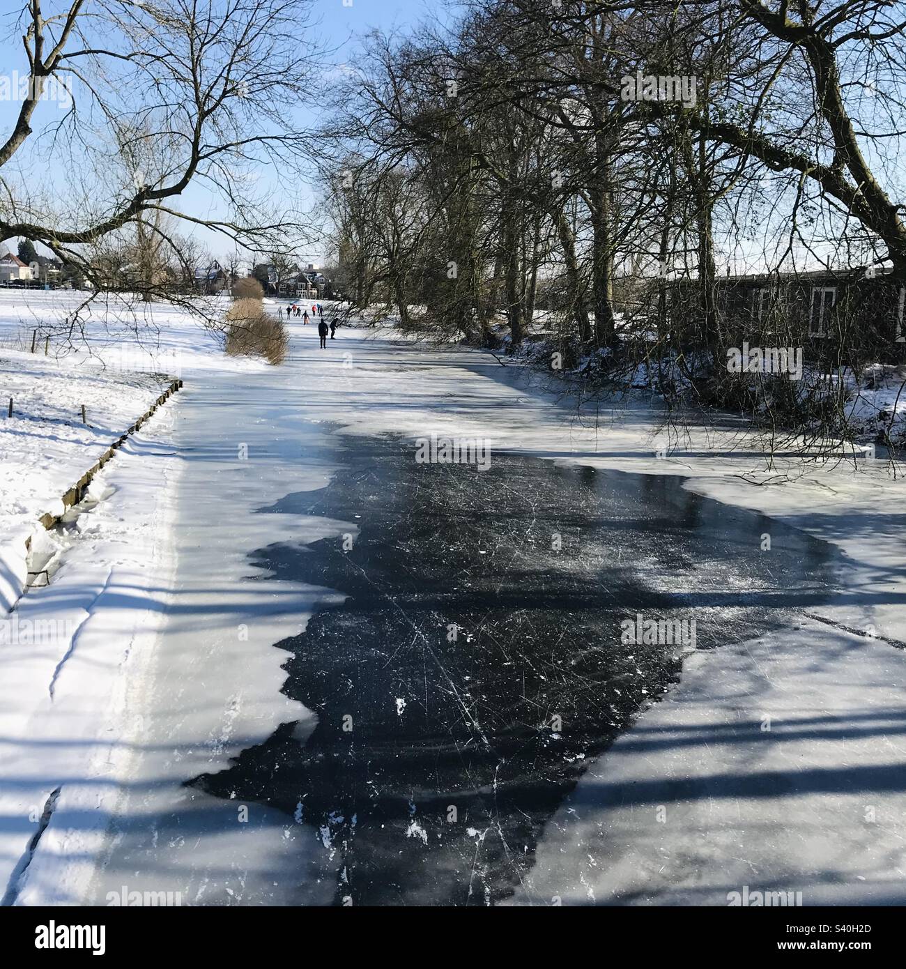 Les personnes patinant dans un lac gelé dans la forêt Banque D'Images