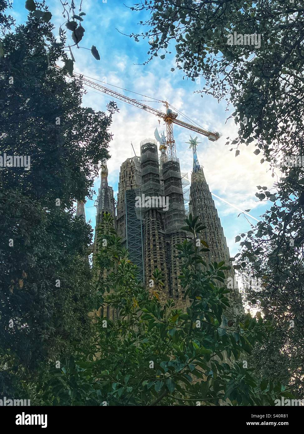 La façade de la Nativité d'Antoni Gaudí et la crypte de la Basílica de la Sagrada Família, Barcelone, vue à travers les arbres dans le parc local, Barcelone, Espagne - Image de stock capturée avec un smartphone