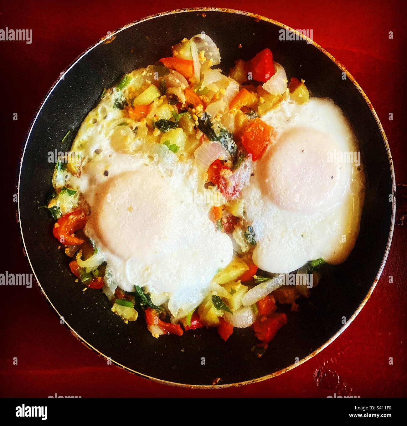 Oeufs frits avec oignons et piments épicés à Queretaro, Mexique Banque D'Images