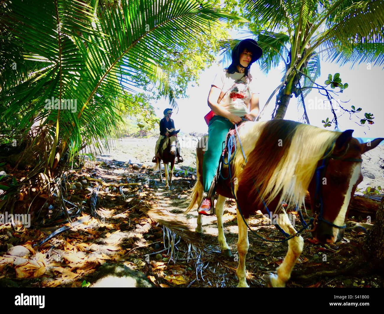 Deux personnes apprécient une promenade à cheval à travers les palmiers tropicaux au Costa Rica - Image de stock capturée avec un smartphone