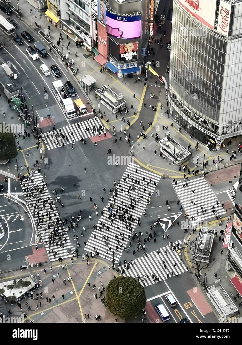 En regardant vers le bas l'emblématique Shibuya en traversant le pont d'observation sur le sommet du gratte-ciel Shibuya Scramble à Tokyo, Japon. - Image de stock capturée avec un smartphone