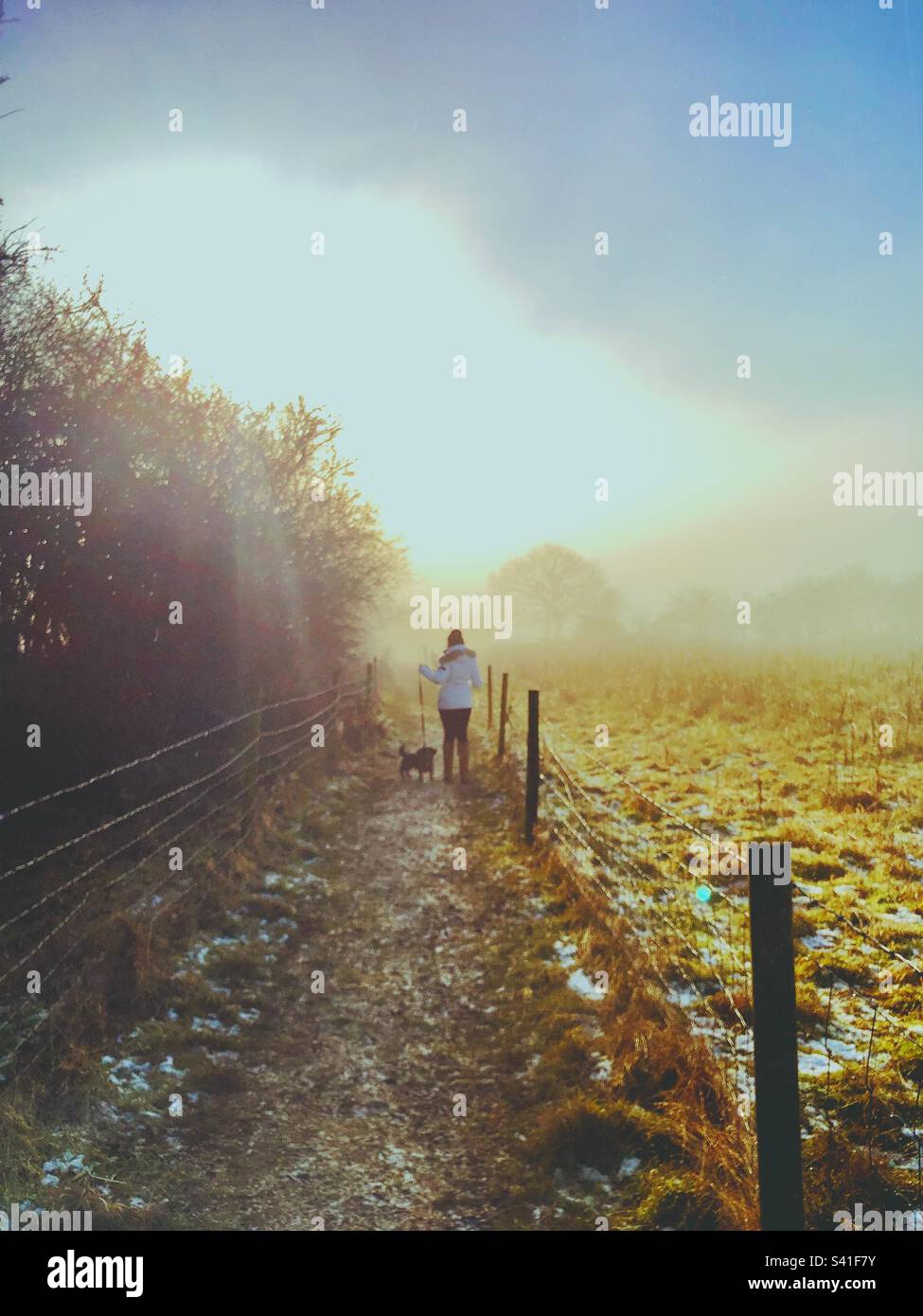 Femme et son chien marchant sur un chemin un jour brumeux - Image de stock capturée avec un smartphone
