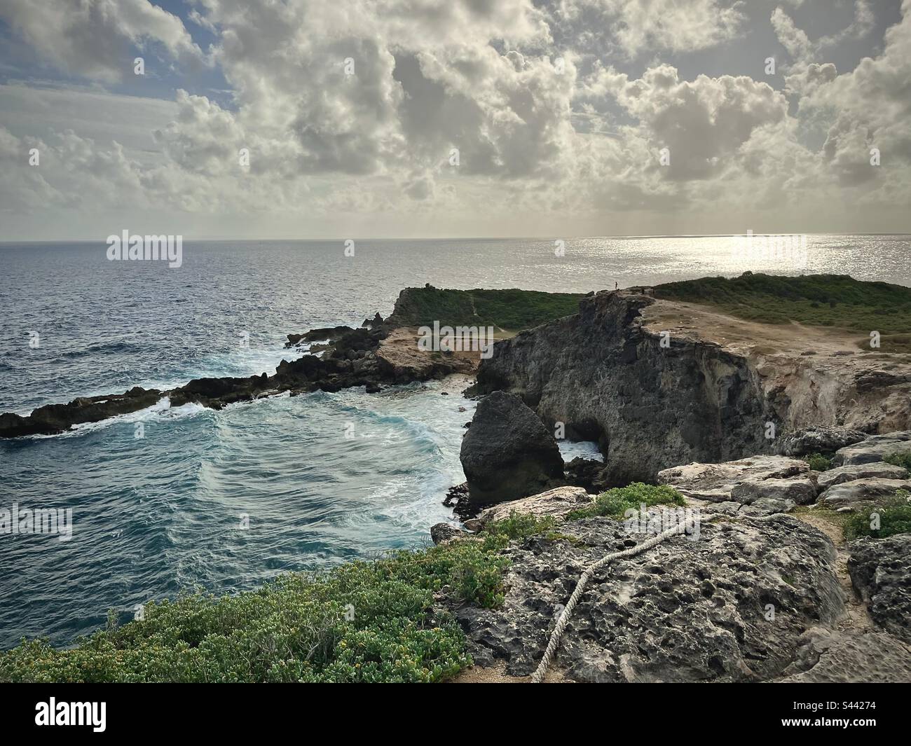 Vue sur une côte rocheuse et sauvage des Antilles françaises avec falaises. Photo prise en Guadeloupe en janvier 2023 Banque D'Images