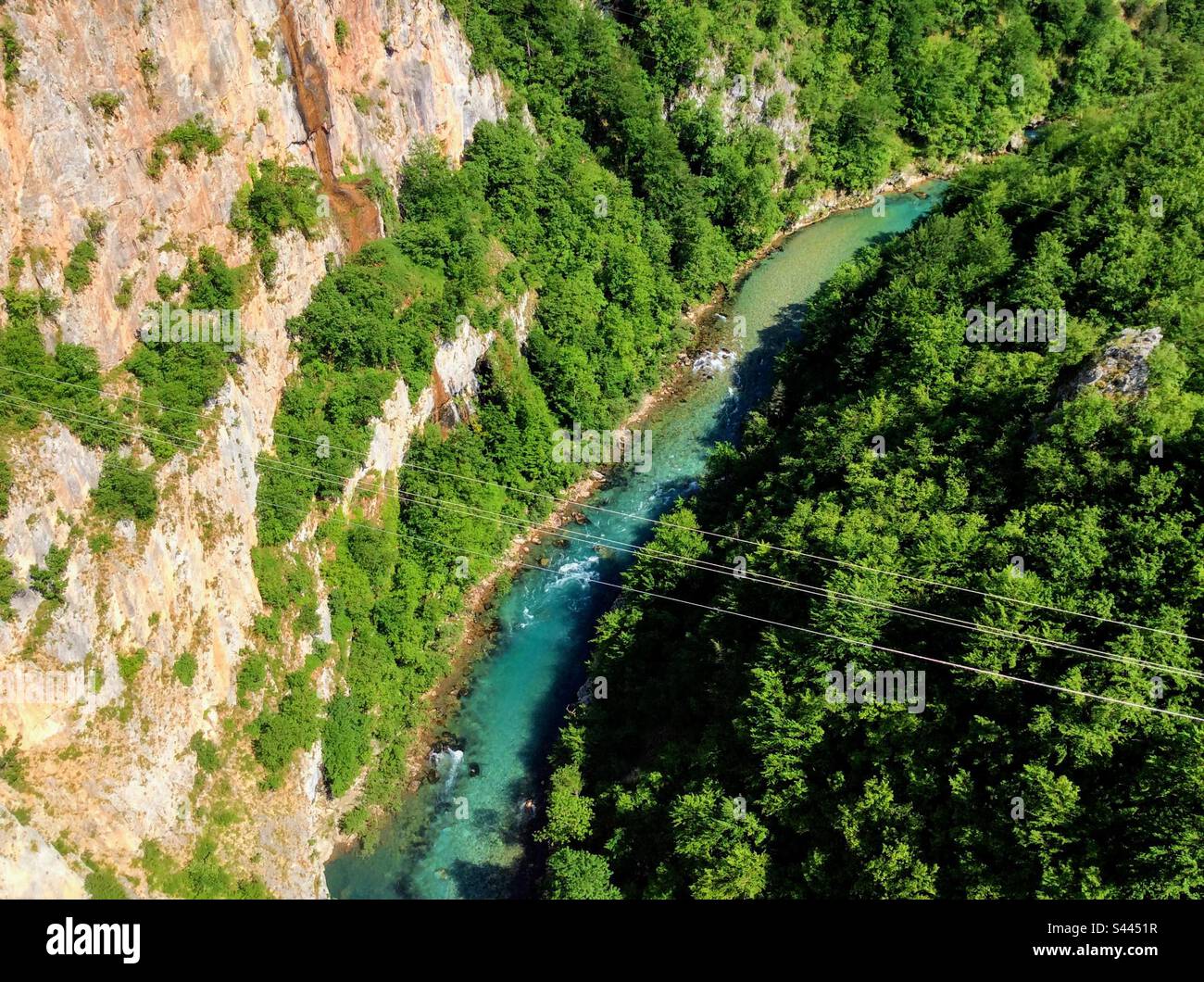 Vue à couper le souffle depuis le célèbre pont Djurdjevica jusqu'à la rivière Tara au fond du canyon - Image de stock capturée avec un smartphone