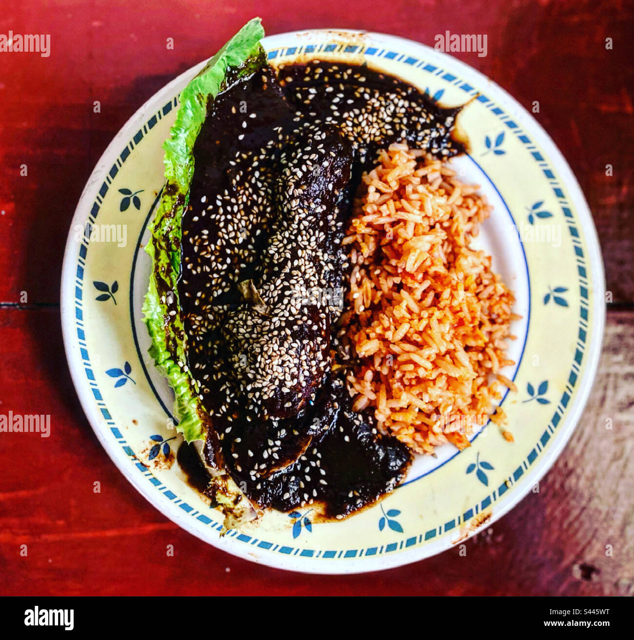 Une jambe de poulet recouverte de sauce au chocolat et de riz sur une feuille de laitue à Queretaro, au Mexique Banque D'Images