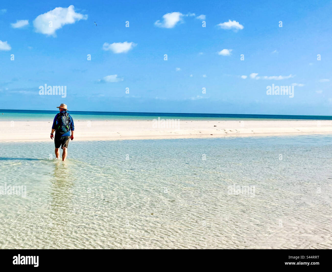 Un homme traverse des eaux cristallines sur la barre de sable près de la réserve naturelle de Punta Mosquito. - Image de stock capturée avec un smartphone
