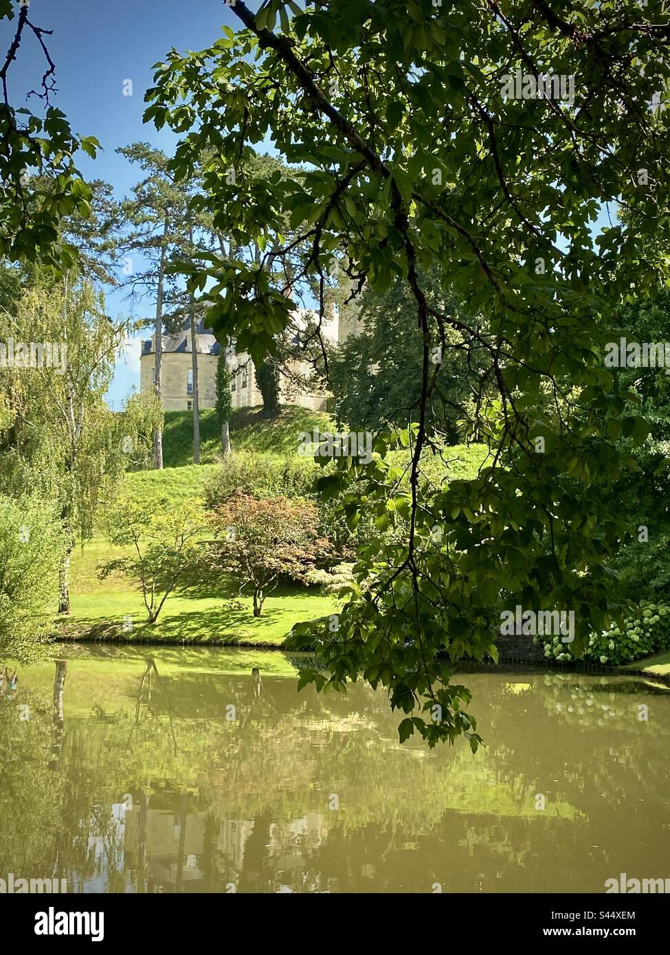 Vue sur un ancien monument en pierre dans un parc boisé au bord d'un étang. Photo prise en France en août 2021 Banque D'Images