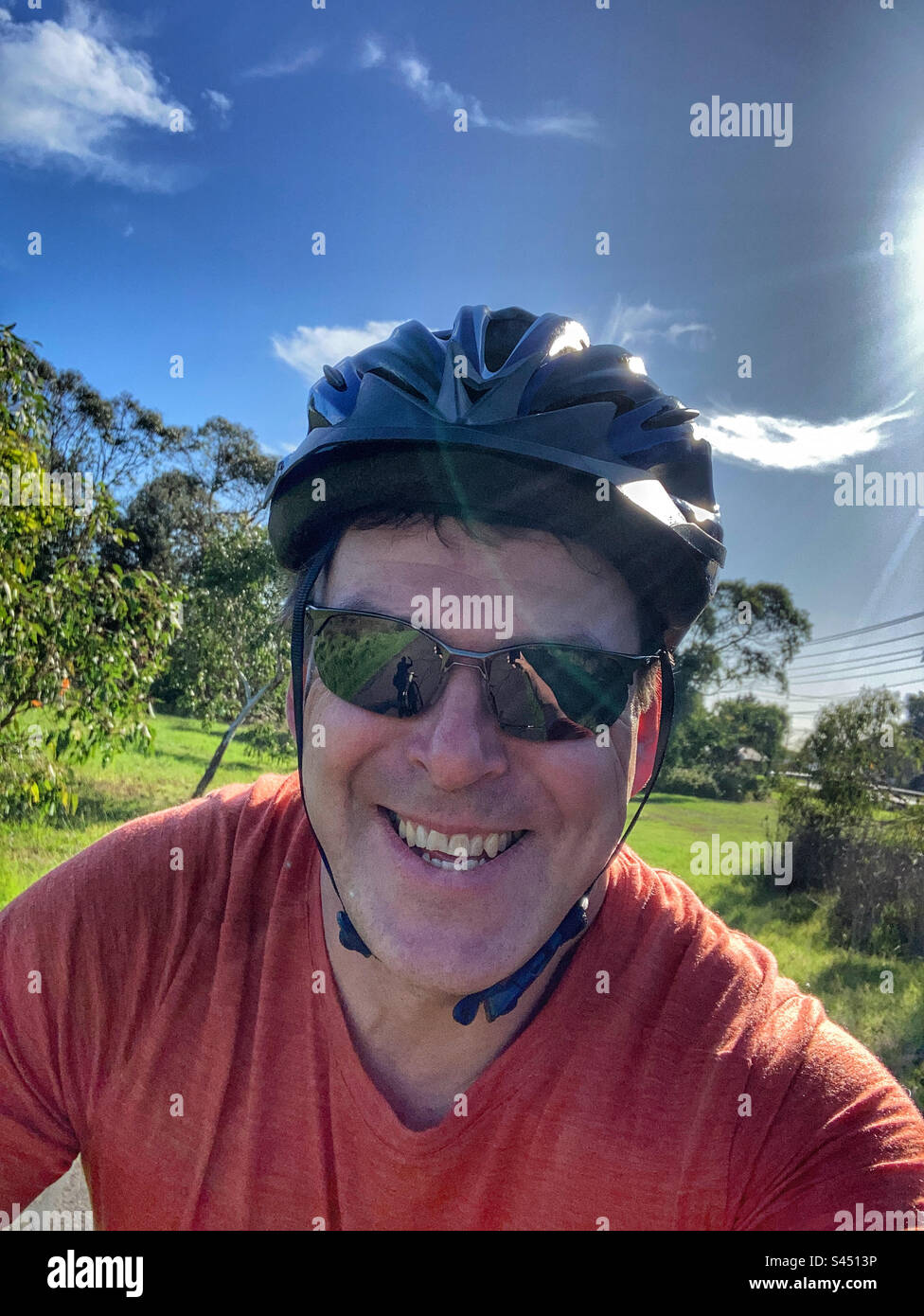 Cycliste selfie Seaford Wetlands Melbourne Victoria Australie Banque D'Images