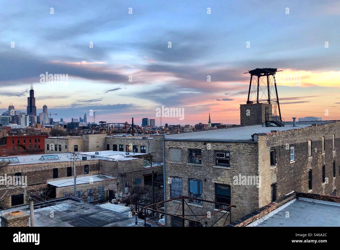 Coucher de soleil sur Chicago Banque D'Images