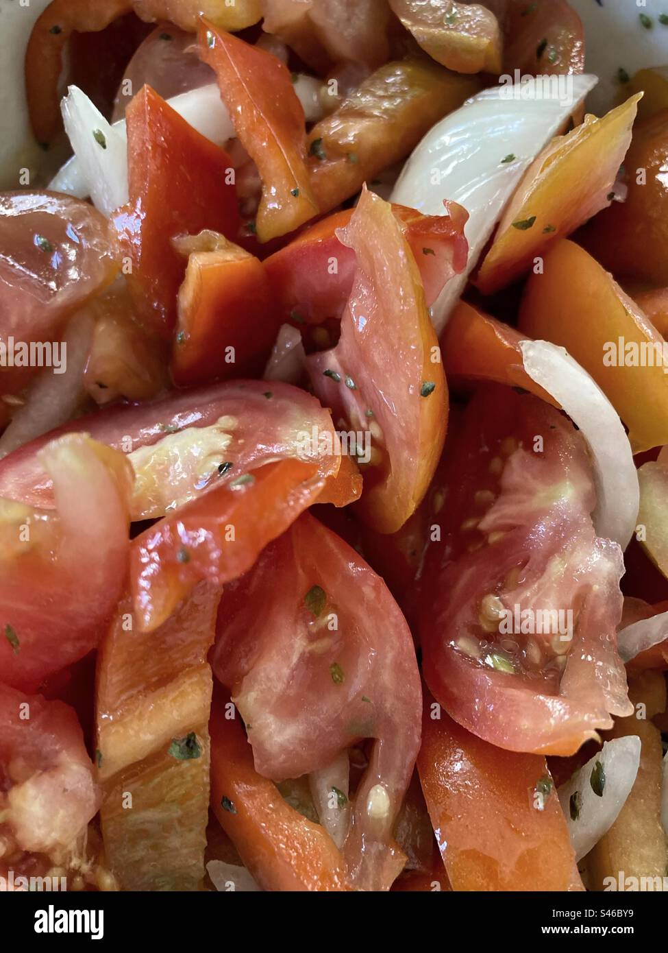 Salade de tomates à l'oignon et à l'origan dans le sud du Portugal. Banque D'Images