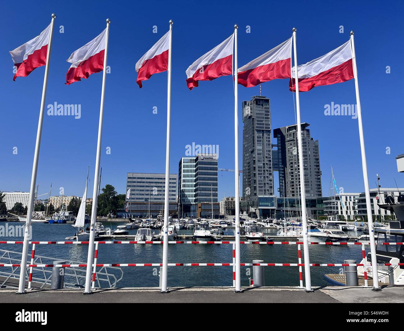 Pologne drapeaux nationaux au port et à la marina, Gdynia, Mer Baltique, Pologne Banque D'Images