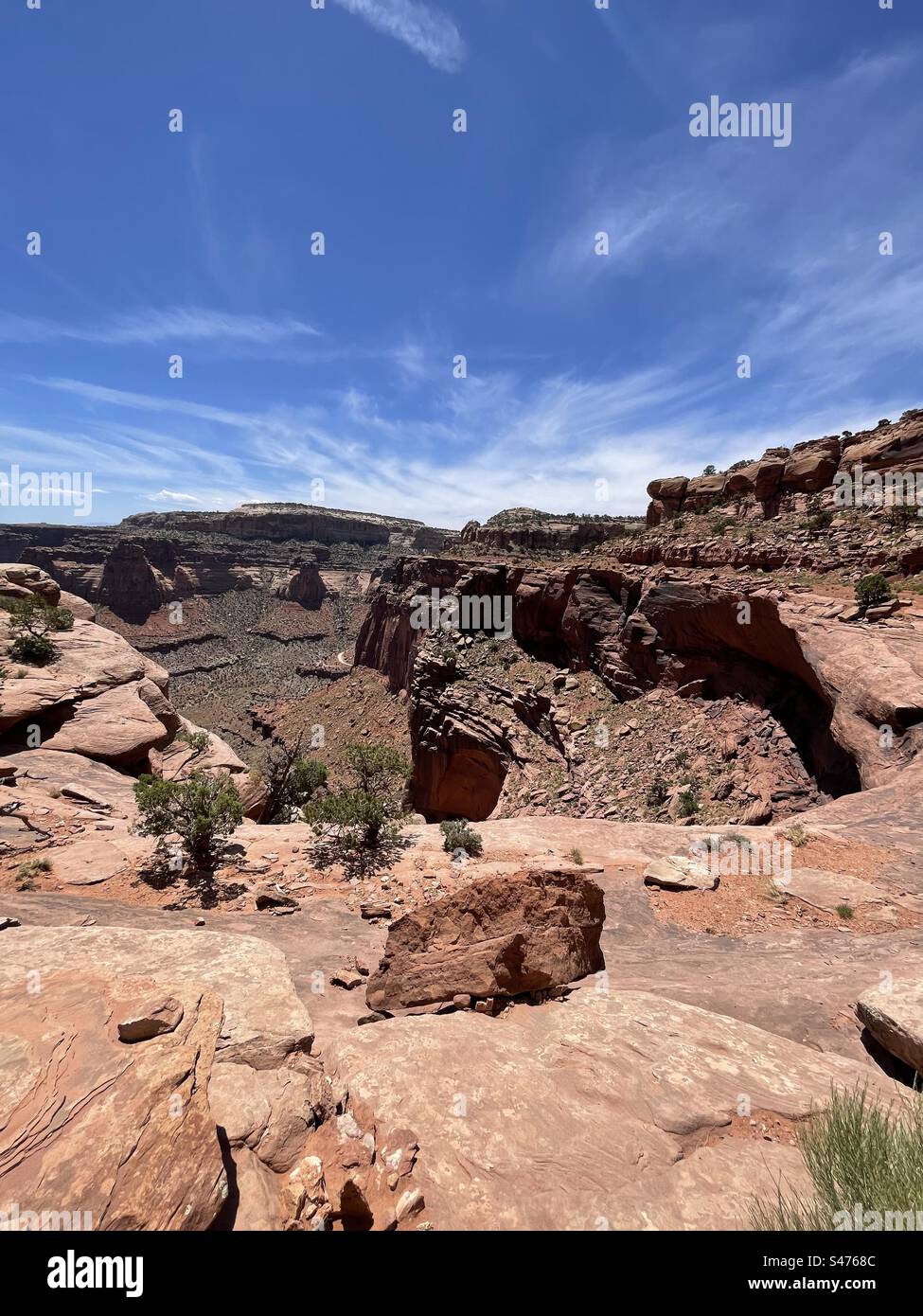 Le White Rim Trail au parc national de Canyonlands à Moab, Utah raconte que son nom vient de la roche sédimentaire blanche qui contraste avec le grès rouge qui l’entoure. - Image de stock capturée avec un smartphone