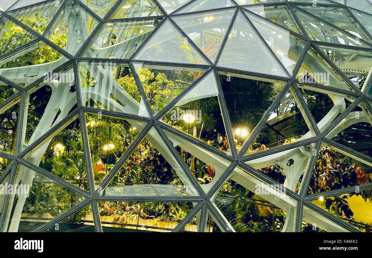 Gros plan des sphères, un conservatoire au siège d'Amazon à Seattle Banque D'Images