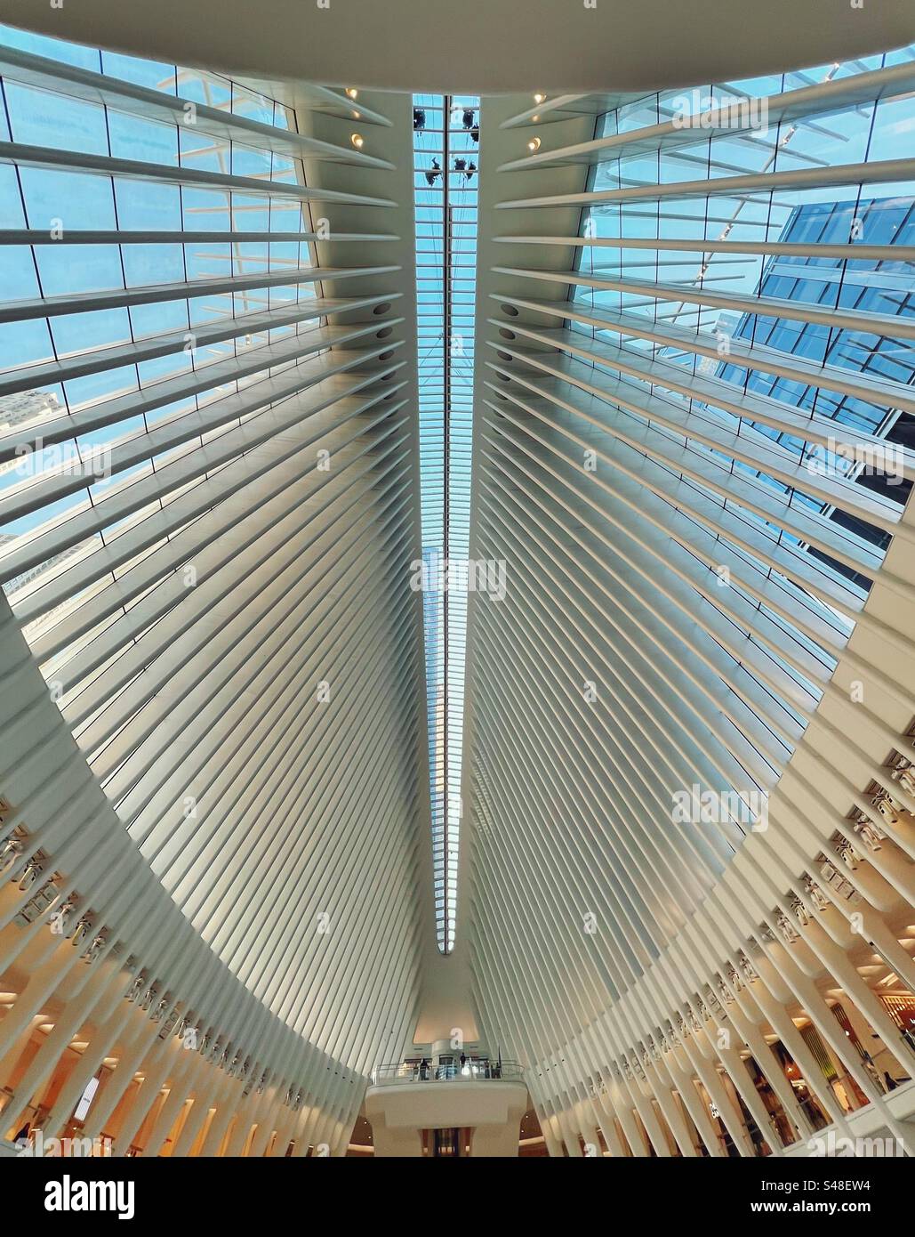 Entrepreneurs travaillant sur les fenêtres supérieures du bâtiment Oculus. Il s'agit de la station World Trade Center pour PATH ainsi que la connexion à un centre commercial (Westfield World Trade Center). Banque D'Images