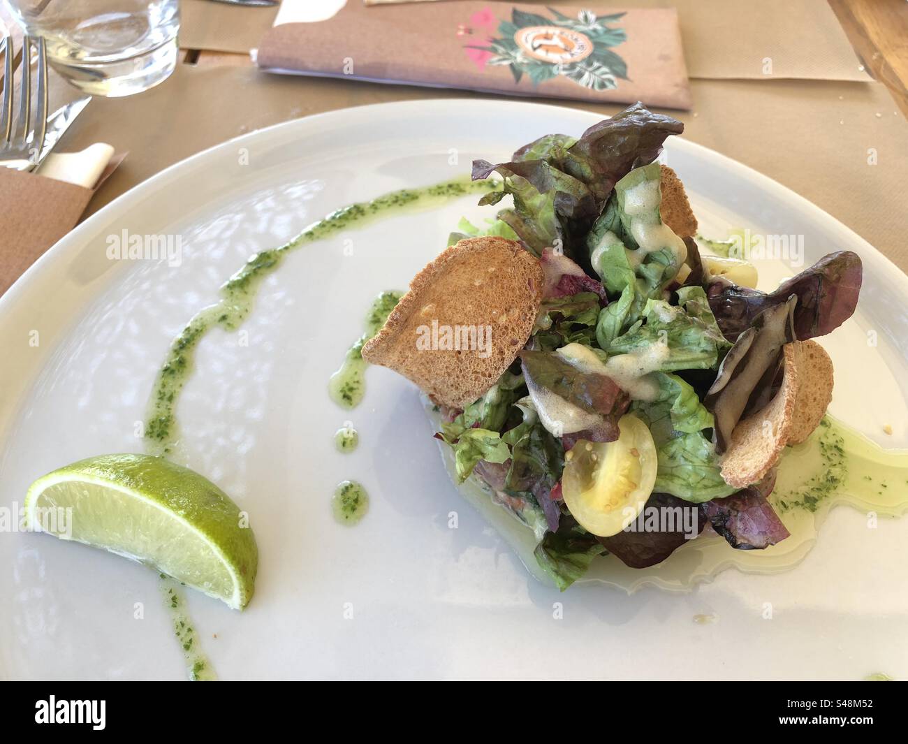 Plan rapproché d'une salade gastronomique reconstruite sur un restaurant blanc avec sauce et citron vert Banque D'Images