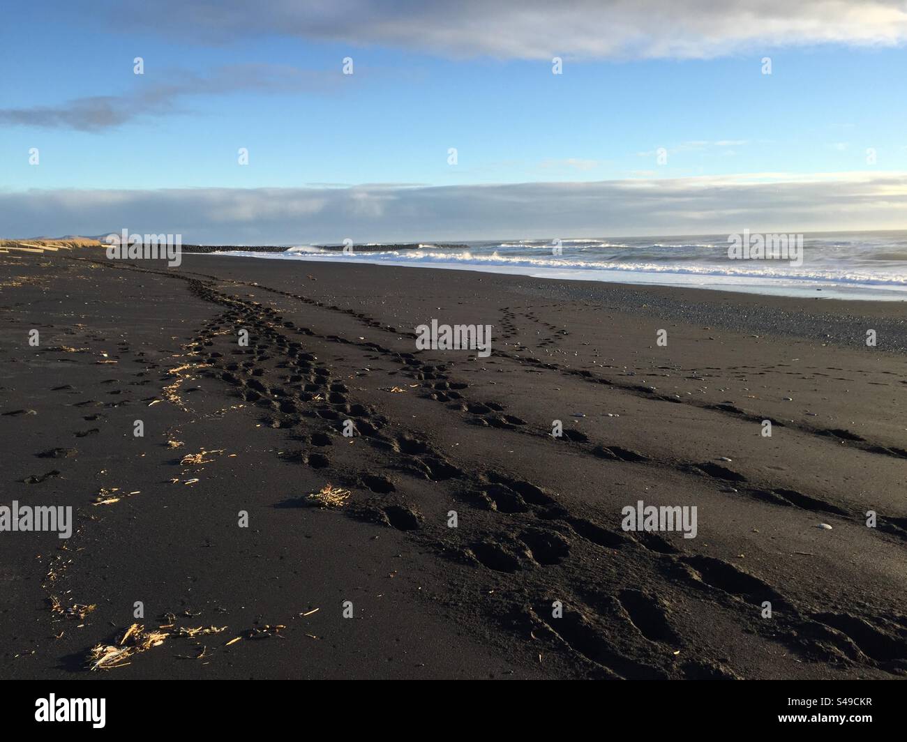 Empreintes de pas plage de sable noir Islande Banque D'Images