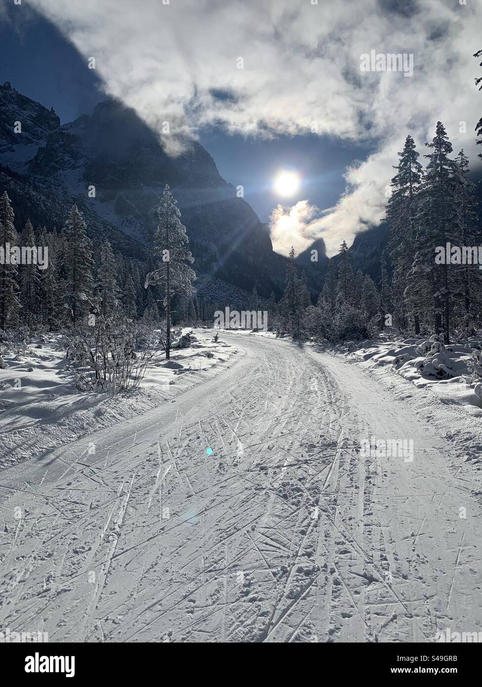 Piste de ski de fond par une journée ensoleillée. - Image de stock capturée avec un smartphone