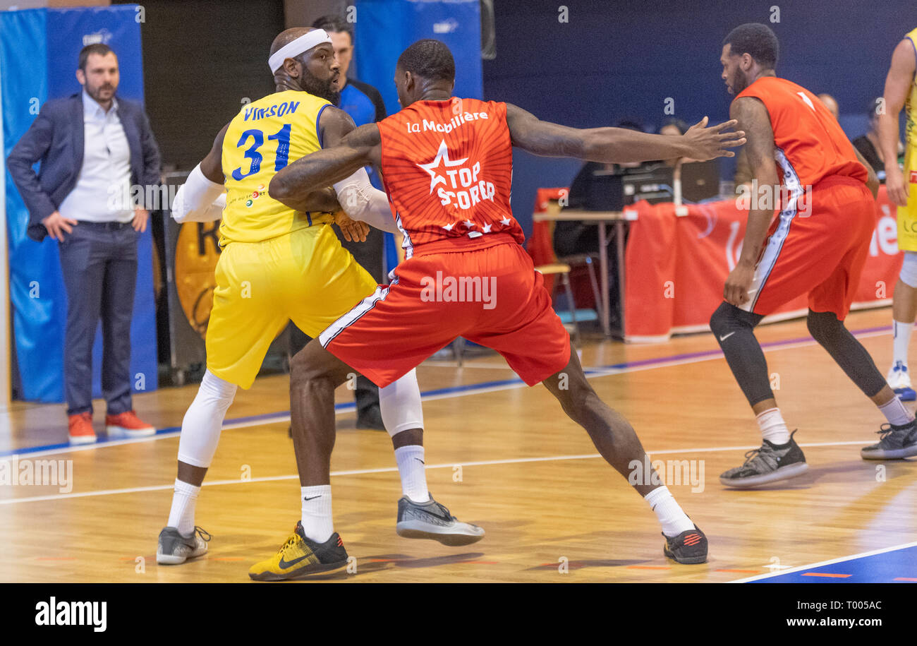 Vevey, Suisse. 16 mars, 2019. Ligue SB LNAM Rivera Lakers VS Pully Lausanne Foxes-Rivera Lakers VS Pully Lausanne renards- Rivera Lakers VS Pully Lausanne renards au rivage Galeries, Vevey (Suisse Basket), 16-03-2019. Crédit : Eric Dubost/Alamy Live News Banque D'Images